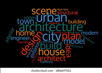 Architecture word cloud. Architectural concept. Collage made of words. Vector colorful illustration. Isolated on black background.