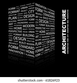 ARCHITEKTUR. Word-Collage auf schwarzem Hintergrund. Illustration mit unterschiedlichen Assoziationsbegriffen.