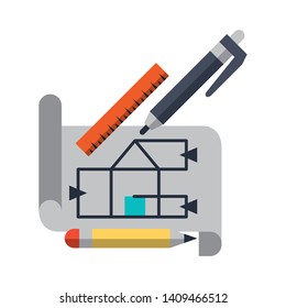 architecture work elements with blueprint plane flat paper cartoon vector illustration graphic design