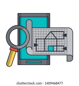 architecture work elements with blueprint plane flat paper cartoon vector illustration graphic design