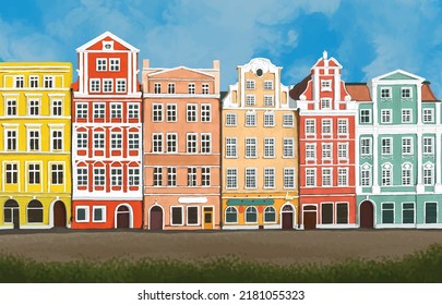 Architektur von Breslau, Polen. Digitale Vektorgrafik. Der Hauptplatz von Breslau mit bunten Häusern. Ein erkennbarer Stil polnischer Architektur.