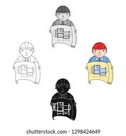 Architectz with technical drawing icon in cartoon style isolated on white background. Architect symbol stock vector illustration.