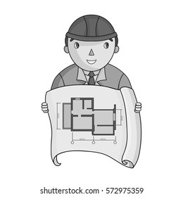 Architectz with technical drawing icon in monochrome style isolated on white background. Architect symbol stock vector illustration.