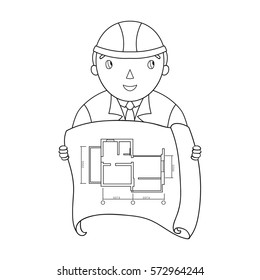 Architectz with technical drawing icon in outline style isolated on white background. Architect symbol stock vector illustration.