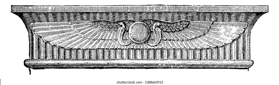 Architrave de la Encima de la Puerta en el Gran Templo de Philae, marco de la puerta, puerta, arquitectura egipcia, entrada, epiestilo, lintel, viga principal, dibujo o grabado de vintage.