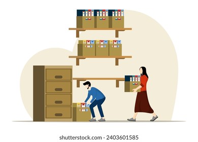 archival document storage concept, businessman putting document file folders in storage cupboard, man and woman doing document filing, flat vector character illustration on white background.