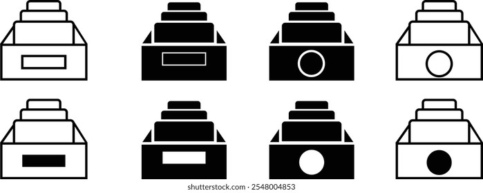 Arquivamento Pesquisa Linha Conjunto de ícones Design, Documento em papel símbolo organizador . Sinal de vetor de caixa de contêiner de arquivo de trabalho do Office. Logotipo do gabinete da gaveta do arquivo do catálogo, isolado no fundo transparente.