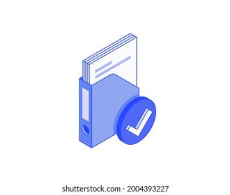 Archive book with documents, accounting and office stuff, successful folder for reports isometric illustrate 3d vector icon. Modern creative design illustration in flat line style.