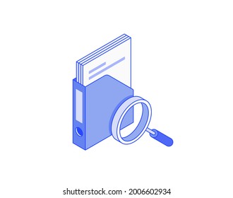 Archive book with documents searching, accounting and office stuff, find folder for reports, search, loupe isometric illustrate 3d vector icon. Modern creative design illustration in flat line style.