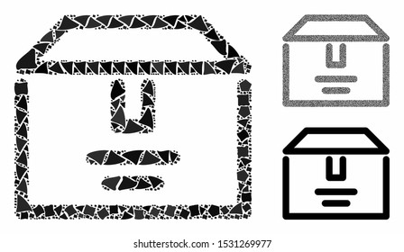 Archive box composition of irregular parts in various sizes and color hues, based on archive box icon. Vector rugged parts are united into collage. Archive box icons collage with dotted pattern.