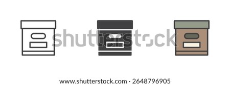 Archive box line icon, solid and filled outline colorful icon set featuring archive storage box outline, solid box icon and filled outline archive icon as color vector sign symbol.