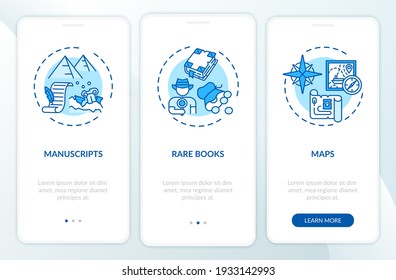 Archive collections onboarding mobile app page screen with concepts. Rare books, manuscripts and maps walkthrough 3 steps graphic instructions. UI vector template with RGB color illustrations