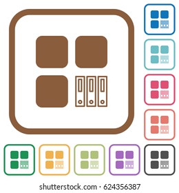 Archive component simple icons in color rounded square frames on white background
