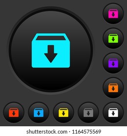 Archive dark push buttons with vivid color icons on dark grey background