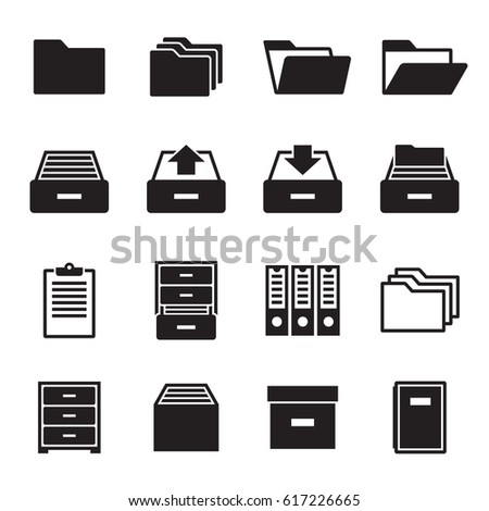 Archive, document icons set. Black on a white background