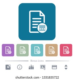 Archive document white flat icons on color rounded square backgrounds. 6 bonus icons included