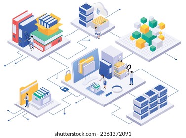 Archive documents processing isometric composition with set of platforms wire connections server racks folders and people vector illustration
