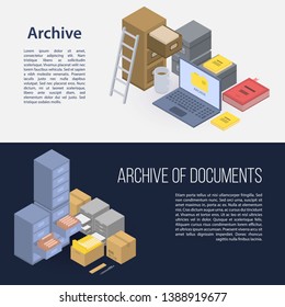 Archive file banner set. Isometric set of archive file vector banner for web design