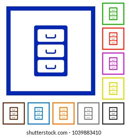 Archive file cabinet flat color icons in square frames on white background