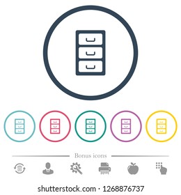 Archive file cabinet flat color icons in round outlines. 6 bonus icons included.