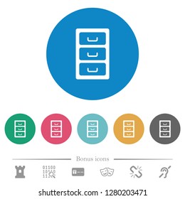Archive file cabinet flat white icons on round color backgrounds. 6 bonus icons included.