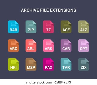Archive file extensions. Flat colored vector icons