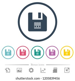 Archive file flat color icons in round outlines. 6 bonus icons included.