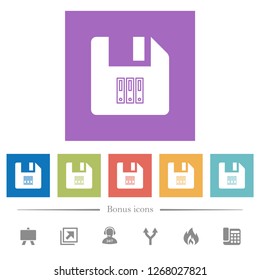 Archive file flat white icons in square backgrounds. 6 bonus icons included.