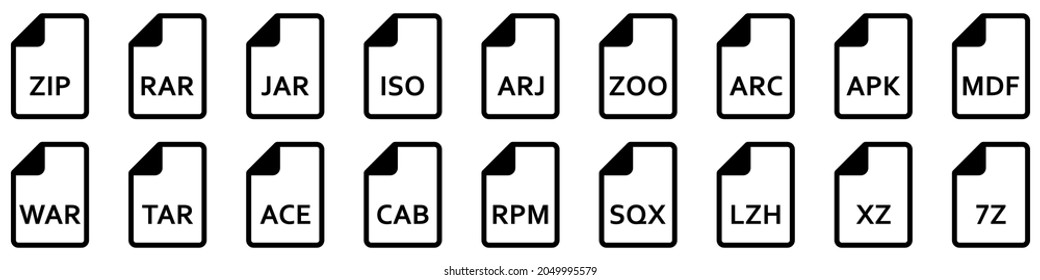 Archive file icon. Different formats of archive files. Set of linear icons. Vector illustration.