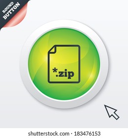Archive file icon. Download compressed file button. ZIP zipped file extension symbol. Green shiny button. Modern UI website button with mouse cursor pointer. Vector