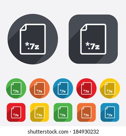 Archive file icon. Download compressed file button. 7z zipped file extension symbol. Circles and rounded squares 12 buttons. Vector