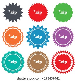 Archive file icon. Download compressed file button. ZIP zipped file extension symbol. Stars stickers. Certificate emblem labels. Vector
