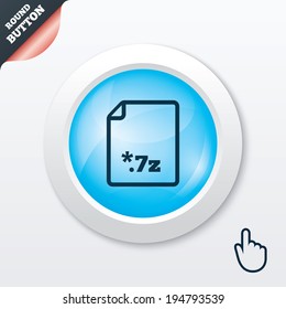 Archive file icon. Download compressed file button. 7z zipped file extension symbol. Blue shiny button. Modern UI website button with hand cursor pointer. Vector
