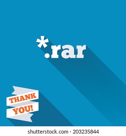 Archive file icon. Download compressed file button. RAR zipped file extension symbol. White flat icon with long shadow. Paper ribbon label with Thank you text. Vector