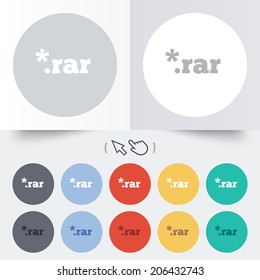 Archive file icon. Download compressed file button. RAR zipped file extension symbol. Round 12 circle buttons. Shadow. Hand cursor pointer. Vector
