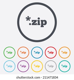 Archive file icon. Download compressed file button. ZIP zipped file extension symbol. Round circle buttons with frame. Vector