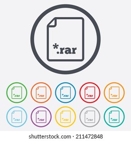 Archive file icon. Download compressed file button. RAR zipped file extension symbol. Round circle buttons with frame. Vector