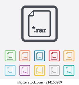 Archive file icon. Download compressed file button. RAR zipped file extension symbol. Round squares buttons with frame. Vector