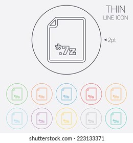 Archive file icon. Download compressed file button. 7z zipped file extension symbol. Thin line circle web icons with outline. Vector