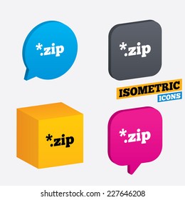 Archive file icon. Download compressed file button. ZIP zipped file extension symbol. Isometric speech bubbles and cube. Rotated icons with edges. Vector