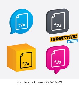 Archive file icon. Download compressed file button. 7z zipped file extension symbol. Isometric speech bubbles and cube. Rotated icons with edges. Vector
