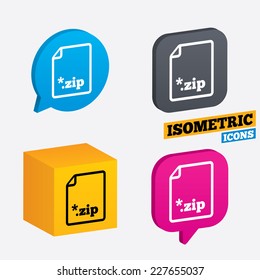 Archive file icon. Download compressed file button. ZIP zipped file extension symbol. Isometric speech bubbles and cube. Rotated icons with edges. Vector