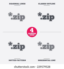 Archive file icon. Download compressed file button. ZIP zipped file extension symbol. Diagonal and horizontal lines, classic outline, dotted texture. Pattern design icons.  Vector