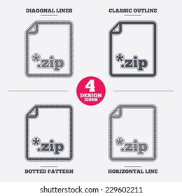 Archive file icon. Download compressed file button. ZIP zipped file extension symbol. Diagonal and horizontal lines, classic outline, dotted texture. Pattern design icons.  Vector