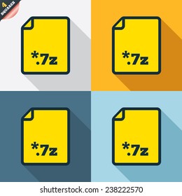 Archive file icon. Download compressed file button. 7z zipped file extension symbol. Four squares. Colored Flat design buttons. Vector