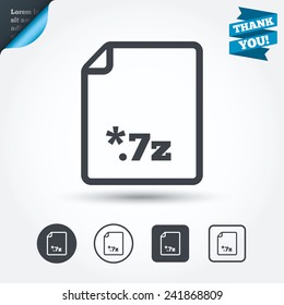 Archive file icon. Download compressed file button. 7z zipped file extension symbol. Circle and square buttons. Flat design set. Thank you ribbon. Vector