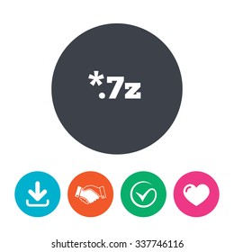 Archive file icon. Download compressed file button. 7z zipped file extension symbol. Download arrow, handshake, tick and heart. Flat circle buttons.