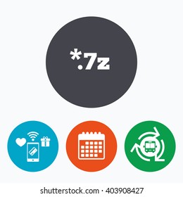 Archive file icon. Download compressed file button. 7z zipped file extension symbol. Mobile payments, calendar and wifi icons. Bus shuttle.