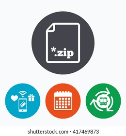 Archive file icon. Download compressed file button. ZIP zipped file extension symbol. Mobile payments, calendar and wifi icons. Bus shuttle.