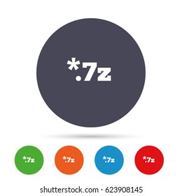 Archive file icon. Download compressed file button. 7z zipped file extension symbol. Round colourful buttons with flat icons. Vector